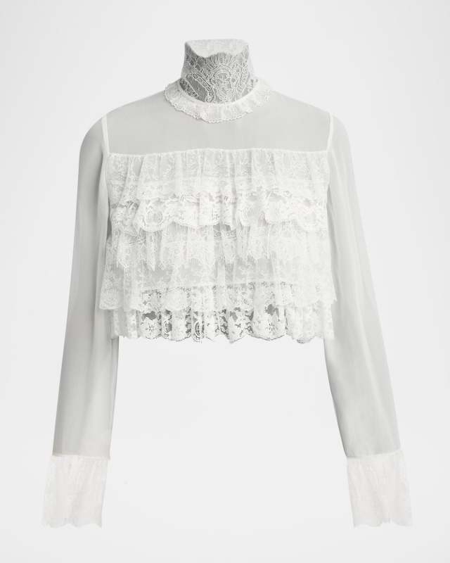 Lace Ruffle Long-Sleeve Silk Crop Top